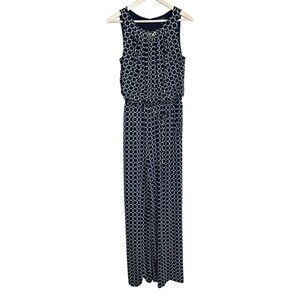 Tahari Jumpsuit Women’s 10 Navy Geometric Polka Dot Sleeveless Belted Wide Leg